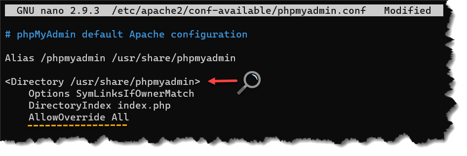 install phpmyadmin - Adding the AllowOverride All directive
