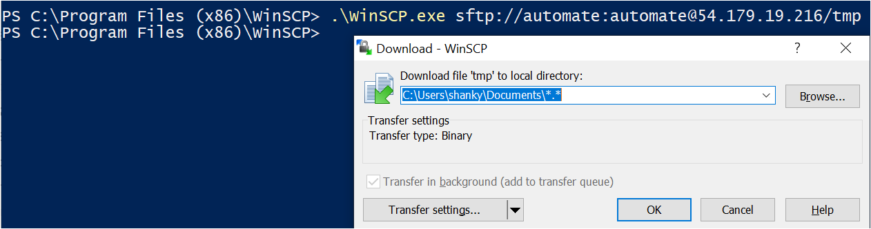 WinSCP command line: Downloading Files without a Site